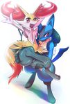  braixen canine carrying digitigrade female fennec fox happy lifting looking_at_viewer lucario male mammal nintendo open_mouth plain_background pok&#233;mon pok&eacute;mon red_eyes shiron_(artist) smile video_games waving white_background wide_hips 