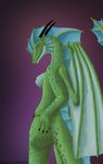  anthro breasts claws dragon female green_body horn looking_at_viewer mercrantos nipples nixi scalie smile solo standing wings yellow_eyes 