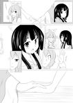  beans blush bow comic dress grabbing greyscale hair_bow hair_ribbon hand_on_hand houraisan_kaguya long_hair monochrome multiple_girls ponytail ribbon shamisen_(syami_sen) silent_comic touching touhou watatsuki_no_yorihime yuri 