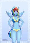  blue_feathers blue_skin breasts cleavage clothed clothing equine eyewear feathers female friendship_is_magic goggles hair hi_res long_hair looking_at_viewer mammal multi-colored_hair my_little_pony navel pastelletta pegasus pink_eyes rainbow_dash_(mlp) rainbow_hair smile solo standing thighs wings 