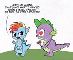  blush dialog dragon duo el-yeguero english_text female flower friendship_is_magic hair male multi-colored_hair my_little_pony open_mouth purple_eyes purple_scales rainbow_dash_(mlp) rainbow_hair spade_tail spike_(mlp) tails text thick_tail unwanted_affection wings 