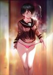  absurdres adjusting_clothes adjusting_panties bad_id bad_pixiv_id black_hair blur blurry bottomless brown_eyes cameltoe collarbone depth_of_field highres kantai_collection mogami_(kantai_collection) panties panty_pull parted_lips pink_panties pulled_by_self school_uniform serafuku short_hair showering side-tie_panties solo thigh_gap underwear untied untied_panties wet wet_clothes yykuaixian 