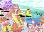  1girl :d akubi_to_ribbon bag blouse blush_stickers breasts cleavage closed_eyes copyright_name coral_reef dress earrings fish giantess hairband handbag hat innertube jewelry long_hair medium_breasts mermaid monkey_d_luffy monster_girl one_piece open_mouth pink_hair shirahoshi short_dress smile straw_hat tail water 