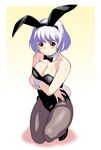  animal_ears bare_shoulders black_legwear blush bow bowtie breasts brown_eyes bunny_ears bunny_girl bunny_tail bunnysuit cleavage detached_collar kouda_tomohiro large_breasts looking_at_viewer pantyhose short_hair silver_hair solo tail tonari_no_seki-kun wrist_cuffs yokoi_rumi 