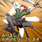  dual_wielding grey_eyes grin holding male_focus minazuki_sho orobas persona persona_4 persona_4:_the_ultimate_in_mayonaka_arena red_hair scar smile solo sword tokiwa_(mukoku) weapon 
