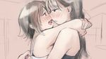  armpits black_hair blush camisole eye_contact half-closed_eyes height_difference hug long_hair looking_at_another multiple_girls open_mouth original saliva saliva_trail sepia yui_7 yuri 