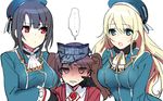  3girls :o ascot atago_(kantai_collection) black_eyes blonde_hair blue_eyes breast_envy breasts commentary girl_sandwich gloves hand_on_another's_cheek hand_on_another's_face hat kantai_collection large_breasts long_hair looking_at_another military military_uniform multiple_girls naval_uniform open_mouth red_eyes ryuujou_(kantai_collection) sandwiched short_hair simple_background takao_(kantai_collection) twintails uniform visor_cap white_background yomosaka 