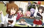  &gt;:) &gt;_&lt; :3 ahoge akagi_(kantai_collection) blue_eyes blush blush_stickers bowl brown_eyes brown_hair closed_eyes crescent crescent_hair_ornament eyepatch folded_ponytail futon hair_dryer hair_ornament hakama_skirt haribote_(tarao) hat headgear hiei_(kantai_collection) highres i-58_(kantai_collection) inazuma_(kantai_collection) kantai_collection kappougi long_hair magatama md5_mismatch multiple_girls muneate open_mouth purple_hair ribbon-trimmed_sleeves ribbon_trim rice rice_bowl rice_spoon ryuujou_(kantai_collection) school_uniform serafuku short_hair skirt smile tenryuu_(kantai_collection) thighhighs torpedo twintails v-shaped_eyebrows visor_cap wavy_mouth white_legwear yayoi_(kantai_collection) yellow_eyes 