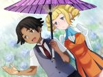  1girl :&lt; @@@ bad_id bad_pixiv_id black_hair blush blush_stickers brown_eyes dark_skin dress drill_hair dutch_angle gundam gundam_build_fighters hairlocs holding holding_umbrella nils_nielsen open_mouth shared_umbrella short_hair smile umbrella yajima_caroline 