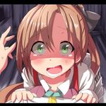  admiral_(kantai_collection) akigumo_(kantai_collection) brown_hair green_eyes hair_ribbon highres kantai_collection kuromu_(underporno) looking_at_viewer open_mouth ponytail pov ribbon scared shaded_face solo_focus sweatdrop tears wavy_mouth 