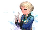  artist_name bangs blonde_hair blue_eyes blue_jacket braid braided_bun closed_mouth cropped_jacket crying elsa_(frozen) eyelashes eyeshadow frown frozen_(disney) gloves hair_up jacket jewelry kawacy lipstick long_sleeves makeup necklace platinum_blonde_hair red_lips removing_glove sad solo streaming_tears tears upper_body white_background white_gloves 