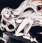  airfield_hime all_fours ankle_boots ass boots full_body highres horns kantai_collection kneeling long_hair looking_at_viewer nyanya open_mouth pale_skin red_eyes scan shinkaisei-kan silver_hair solo very_long_hair white_footwear 