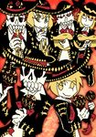  @_@ alternate_costume ascot blonde_hair closed_eyes dia_de_los_muertos guitar hat instrument jacket lunasa_prismriver lyrica_prismriver maracas mariachi merlin_prismriver multiple_girls music playing_instrument red_background setz skeleton smile sombrero touhou trumpet 