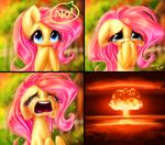  blue_eyes crying cute dialog english_text equine explosion female feral fluttershy_(mlp) friendship_is_magic fur hair half-closed_eyes hi_res horse long_hair mammal mane mushroom_cloud my_little_pony open_mouth outside pink_hair pony sad shaded signature tears teeth text tongue ukulilia yellow_fur young 
