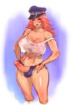  blue_shorts denim denim_shorts final_fight hands_on_hips hat highres long_hair nbo newhalf peaked_cap penis pink_hair poison_(final_fight) shorts solo street_fighter tank_top 
