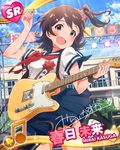  artist_request beamed_eighth_notes brown_eyes brown_hair card_(medium) character_name character_signature electric_guitar guitar hair_ornament hairclip idolmaster idolmaster_million_live! instrument jumping kasuga_mirai looking_at_viewer musical_note official_art one_side_up school_uniform scrunchie serafuku solo 