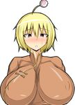  1girl ahoge blonde_hair blush breasts character_request erect_nipples female huge_breasts musuka_(muska) red_eyes shirt short_hair simple_background solo source_request upper_body white_background 
