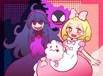  2girls @_@ ahoge blonde_hair bow fairy_tale_girl_(pokemon) gastly hair_bow hanasaki_(1470267) hex_maniac_(pokemon) multiple_girls nintendo npc_trainer pokemon pokemon_(game) pokemon_xy purple_eyes purple_hair siblings sisters smile swirlix 