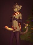  2018 anthro arm_warmers armwear balls bedroom_eyes big_penis black_nose butt cat christmas christmas_tree clothing dripping erection feline fur gift_wrapped hair half-closed_eyes hi_res holidays humanoid_penis legwear long_penis looking_at_viewer male mammal mostly_nude navel open_mouth penis precum ribbons scarf seductive signature solo standing stockings tree twang uncut yellow_eyes 