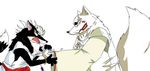  big_tail black_fur canine fight fox fur gin gin_(pixiv) gingitsune gintaro grab kemono male mammal size_difference tetsuro white_fur wolf 