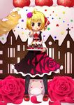  :q ahoge ascot blonde_hair cake dress eating flower food food_on_face fork fruit hair_ribbon jagabutter long_sleeves mary_janes plate recursion red_eyes ribbon rumia shoes short_hair solo strawberry tongue tongue_out touhou 