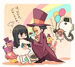  &gt;_&lt; 2girls balloon child closed_eyes crossover glasses hand_kiss hat jailbot jakuzure_nonon kill_la_kill kiryuuin_satsuki kiss multiple_girls robot superjail the_warden top_hat translated tsumuri younger 