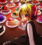  arm_support blonde_hair cake character_request dress eating food fork fruit hair_ribbon jagabutter long_sleeves looking_at_viewer looking_back objectification plate red_eyes ribbon rumia short_hair sitting slice_of_cake strawberry strawberry_shortcake touhou yokozuwari 