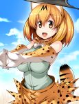  :d animal_humanoid armwear big_breasts blonde_hair bow_tie breasts clothed clothing cloud elbow_gloves feline feline_humanoid female gloves hair humanoid kemono_friends mammal markings serval_(kemono_friends) serval_humanoid shirt skirt sky solo spots striped_tail stripes tsukasawa_takamatsu yellow_eyes 