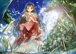  black_hair blue_sky brown_eyes cloud day floral_print grass houraisan_kaguya long_hair looking_at_viewer petals see-through shirt skirt skirt_lift sky solo touhou tree very_long_hair water yae_(mono110) 