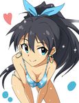  aqua_eyes bikini black_hair breast_squeeze breasts cleavage earrings fang ganaha_hibiki hair_ribbon heart high_ponytail hoop_earrings idolmaster idolmaster_(classic) jewelry long_hair looking_at_viewer medium_breasts ponytail ribbon simple_background smile solo sweat swimsuit tokiani white_background 