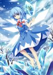  blue_eyes blue_hair bow cirno dress frog hair_bow ice looking_at_viewer ribbon short_hair sky smile solo touhou wings winter zqhzx 