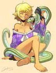  2014 amazon bare_shoulders barefoot blonde_hair breasts cleavage closed_eyes clothes_down dirty_feet fangs feet forked_tongue full_body grin large_breasts marguerite md5_mismatch one_piece short_hair signature simple_background smile snake soles tongue tyson_hesse 
