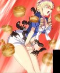  1girl animal bertille_althusser blonde_hair blush breasts eyes_closed food highres large_breasts miniskirt open_mouth short_skirt skirt solo squirrel standing stitched walkure_romanze 