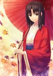  black_hair brown_eyes cloak japanese_clothes kara_no_kyoukai kimono kotera_ryou leaf long_hair maple_leaf parasol ryougi_shiki short_hair solo umbrella 