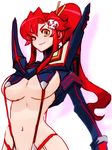  ;) breasts closed_mouth cosplay creator_connection elbow_gloves gloves hair_ornament hair_stick kill_la_kill large_breasts long_hair matoi_ryuuko matoi_ryuuko_(cosplay) navel one_eye_closed ponytail red_hair revealing_clothes senketsu skull_hair_ornament smile solo suspenders tengen_toppa_gurren_lagann underboob yellow_eyes yoko_littner zero_hime 