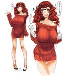  bakuya blush breasts collarbone controller curly_hair dress eighth_note game_controller half-closed_eyes hanging_breasts highres huge_breasts legs long_hair looking_at_viewer multiple_views musical_note off_shoulder open_mouth original oversized_clothes quarter_note red_eyes red_hair short_dress sketch slippers smile speech_bubble text_focus thigh_gap thumbs_up translation_request v white_background wii_remote 