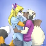  anthro black_fur brown_fur canid canine clothing conditional_dnp dipstick_tail duo eyes_closed fluffy fluffy_tail fox fur kissing male male/male mammal moodyferret multicolored_fur multicolored_tail orange_fur pants romantic_couple shirt two_tone_fur white_fur 