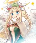  archangel_(p&amp;d) blonde_hair blue_eyes braid capelet cleavage_cutout hairband halo hoshino long_hair looking_at_viewer open_mouth puzzle_&amp;_dragons smile solo twin_braids wings 