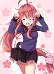  :3 ^_^ ahoge bad_id bad_pixiv_id bunny_hair_ornament caramelldansen closed_eyes crescent crescent_hair_ornament dancing fang hair_ornament kantai_collection long_hair open_mouth red_hair rin_yuu solo uzuki_(kantai_collection) very_long_hair 