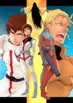  2boys amuro_ray blonde_hair blue_eyes brown_hair char's_counterattack char_aznable gundam hashiranai_(permanent9) helmet holding holding_helmet lalah_sune long_hair mobile_suit_gundam multiple_boys pilot_suit rocket_launcher weapon 