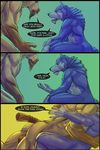  biceps blue_fur canine comic dialog ear_piercing equine fangs fur gay glomp horse male mammal muscles piercing plain_background rrowdybeast teeth text wolf 