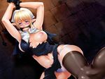  arms_up bdsm blonde_hair blush bondage bound breast_slip breasts chain cleave_gag cloth_gag cuffs elf gag gagged glasses improvised_gag large_breasts looking_at_viewer navel nipples one_breast_out pointy_ears purple_eyes solo thighhighs torn_clothes 