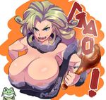  areola_slip areolae ayla_(chrono_trigger) bad_id bad_twitter_id blonde_hair blue_eyes breasts caveman chrono_trigger cleavage food huge_breasts kaeru_(chrono_trigger) meat nuezou solo wavy_hair 