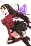  :d black_hair black_legwear black_skirt boots breasts energy_sword from_side garter_straps knee_boots konoe_(fogtracks) large_breasts leg_up long_hair lucifer open_mouth profile red_eyes sideways_mouth skirt smile solo stakes_of_purgatory sword thighhighs umineko_no_naku_koro_ni weapon white_background zettai_ryouiki 