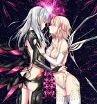  bad_id bad_pixiv_id bare_back between_breasts black_legwear black_panties bodysuit breasts bridal_gauntlets brown_hair character_request cleavage_cutout collarbone elbow_gloves eye_contact gloves height_difference highleg highleg_panties highres long_hair looking_at_another mechanical_wings medium_breasts midriff million_arthur_(series) multiple_girls navel panties pointy_ears red_eyes short_hair silver_hair small_breasts thighhighs underwear white_legwear white_panties wings yellow_eyes yuri zuo_xiang_liang 