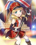 aiguillette band_uniform blonde_hair color_guard elbow_gloves flag gloves green_eyes hair_ornament hat hat_feather holding idolmaster idolmaster_cinderella_girls jpeg_artifacts marching_band mary_cochran midriff navel official_art plaid skirt smile solo stage tailcoat thighhighs twintails uniform union_jack white_legwear wrist_cuffs 
