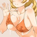  bare_shoulders bikini_lift bikini_top blonde_hair blush breasts drill_hair head_out_of_frame lactation lactation_through_clothes large_breasts lifted_by_self lowres mahou_shoujo_madoka_magica navel shinama smile solo tomoe_mami twin_drills twintails upper_body 