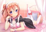 arm_support blush breasts brown_hair cleavage curtains feet_up frilled_pillow frills kousaka_honoka looking_at_viewer love_live! love_live!_school_idol_project lying maid maid_headdress medium_breasts mogyutto_&quot;love&quot;_de_sekkin_chuu! on_stomach one_side_up pillow purple_eyes shirt smile solo taut_clothes taut_shirt thighhighs white_legwear wristband yuuyu 