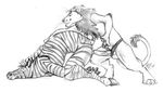  anthro balls bent_over blackteagan duo equine feline from_behind fur gay greyscale interspecies lion male mammal monochrome penis side_view zebra 
