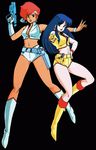  2girls 80s blue_hair breasts cleavage dirty_pair kei_(dirty_pair) legs long_hair multiple_girls oldschool red_hair shorts yuri_(dirty_pair) 